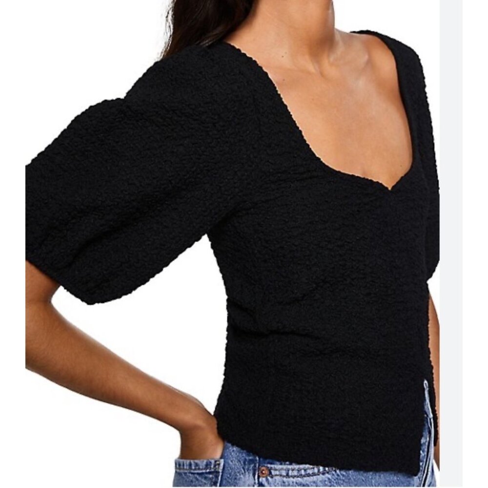 Mango Textured Knit Puff Sleeve Top Black Size Large new
